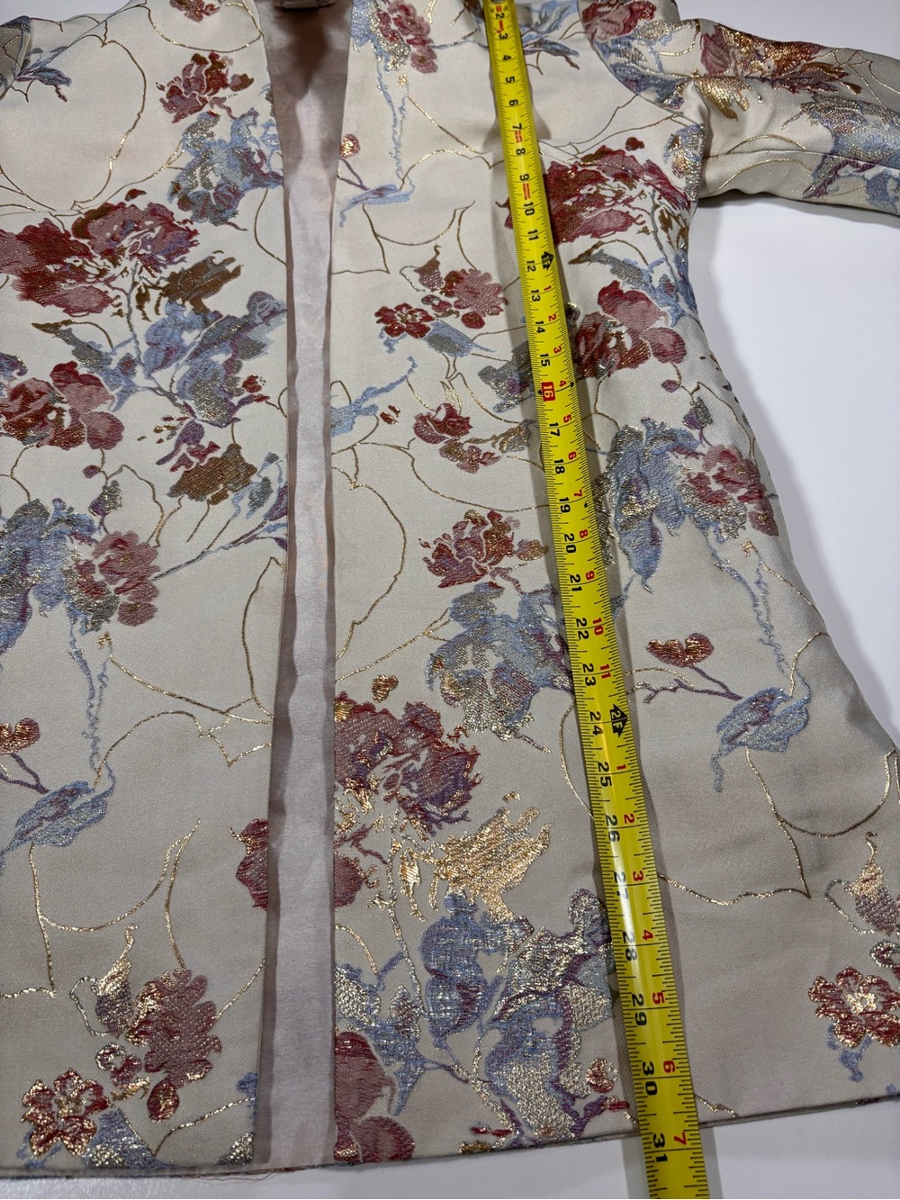 Grace Chuang New York Floral Jacquard Duster Coat Ivory Metallic Open Front - Picture 7 of 8